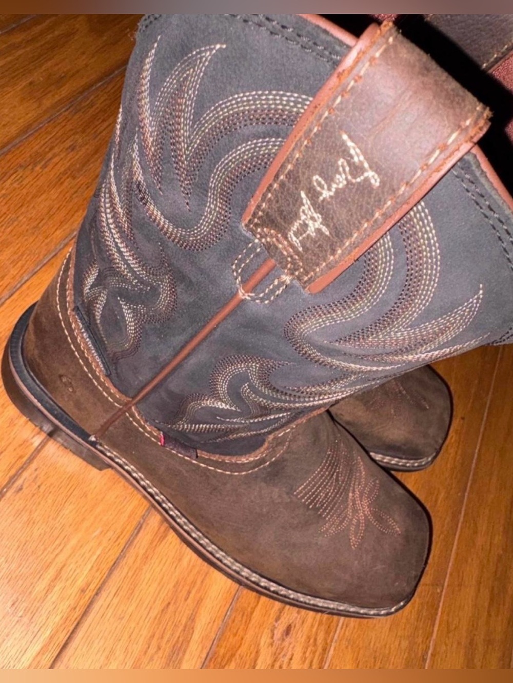 GEORGE STRAIT Justin Boots Dark Brown Suede Western Pull-On Boots w/ Embroidery